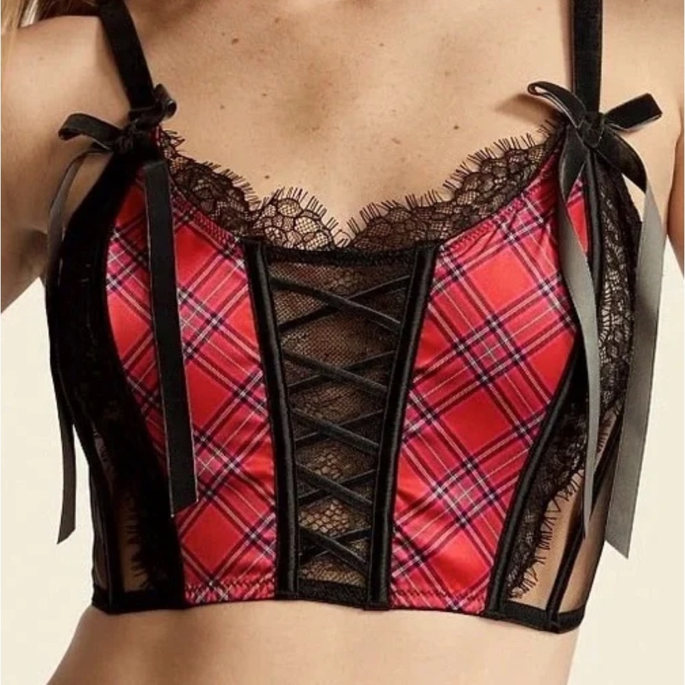 Victoria's Secret Dream Angels Unlined Lace-Up Bra Bustier Plaid Corset XL NWT